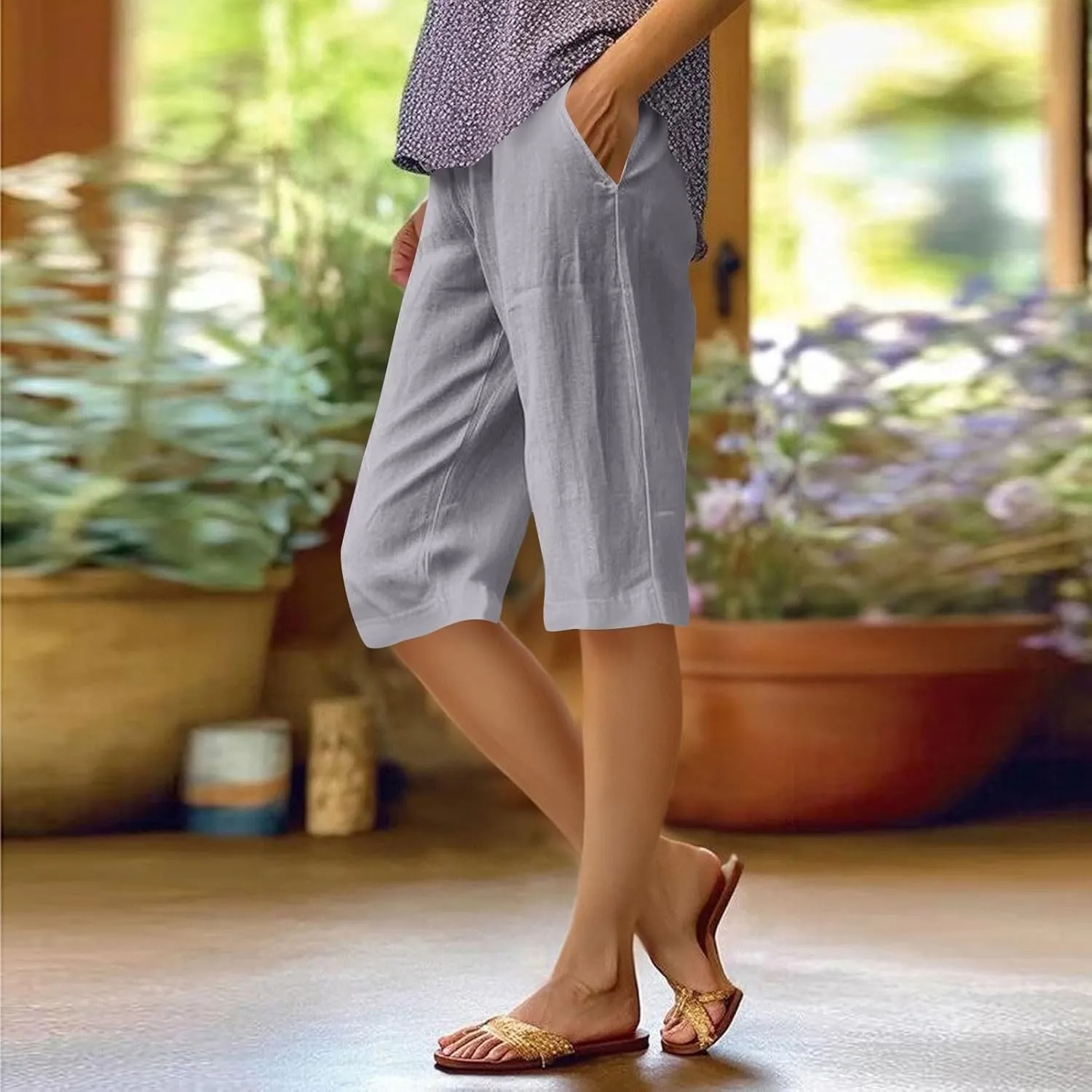 Pedal Pushers for Women Summer Pull On Bermuda Cotton Linen Shorts Knee Length Casual Beach Yoga Shorts with Pockets