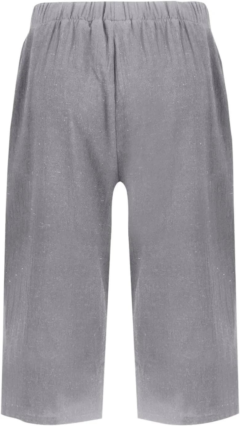 Pedal Pushers for Women Summer Pull On Bermuda Cotton Linen Shorts Knee Length Casual Beach Yoga Shorts with Pockets