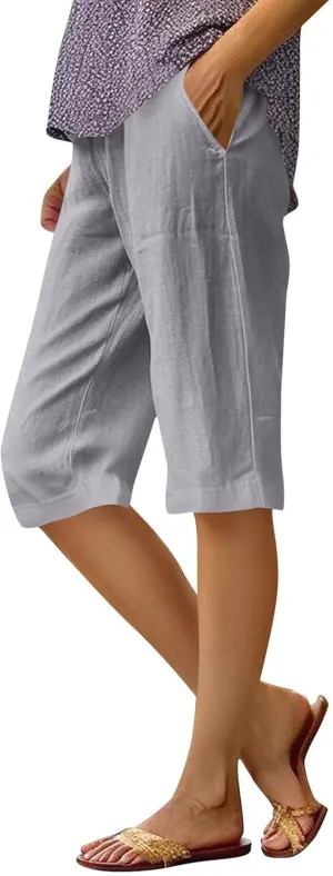 Pedal Pushers for Women Summer Pull On Bermuda Cotton Linen Shorts Knee Length Casual Beach Yoga Shorts with Pockets