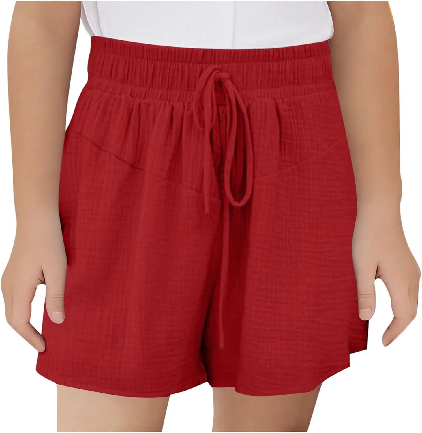 Preppy Girls Cotton Linen Shorts Teens Elastic Waist Solid Lightweight Baggy Comfy Casual Shorts with Drawstring