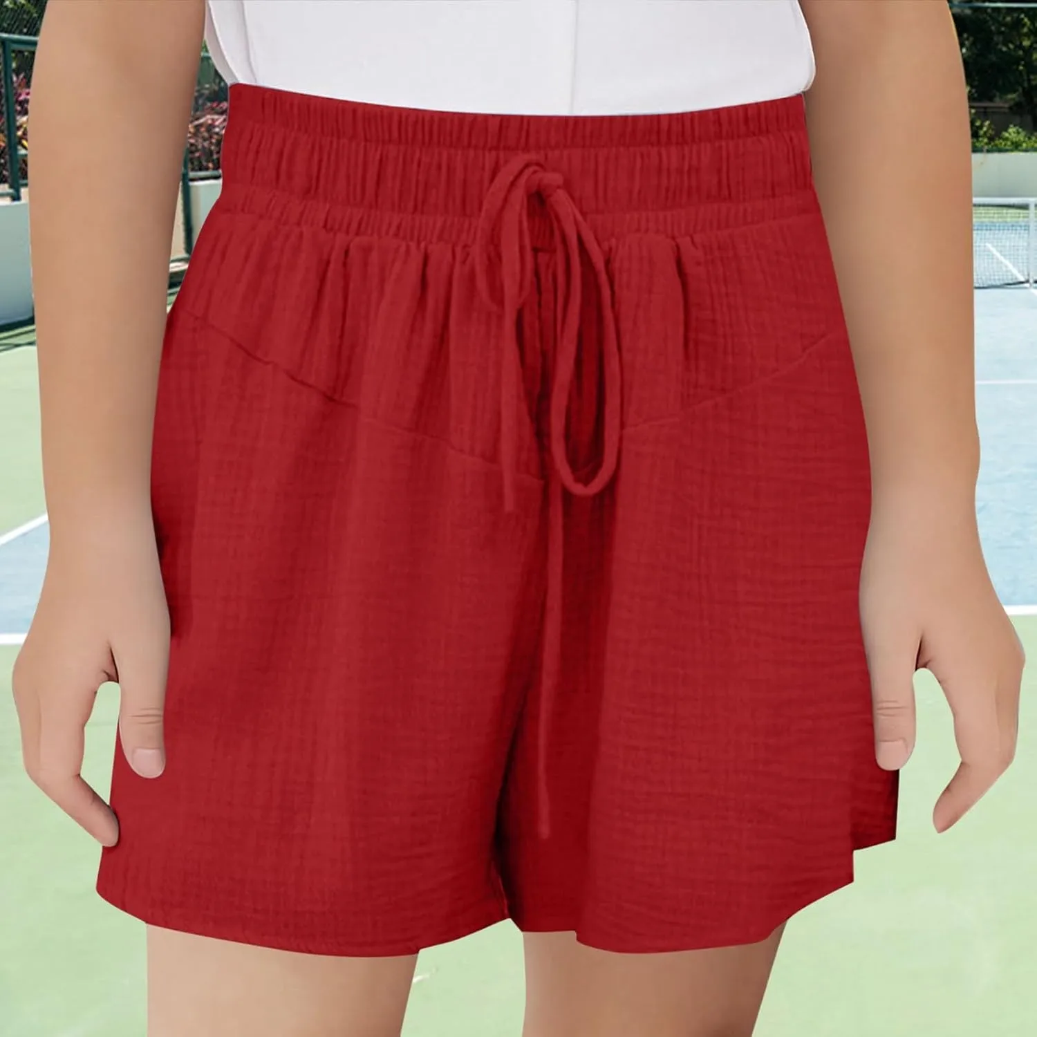 Preppy Girls Cotton Linen Shorts Teens Elastic Waist Solid Lightweight Baggy Comfy Casual Shorts with Drawstring