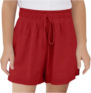 Preppy Girls Cotton Linen Shorts Teens Elastic Waist Solid Lightweight Baggy Comfy Casual Shorts with Drawstring