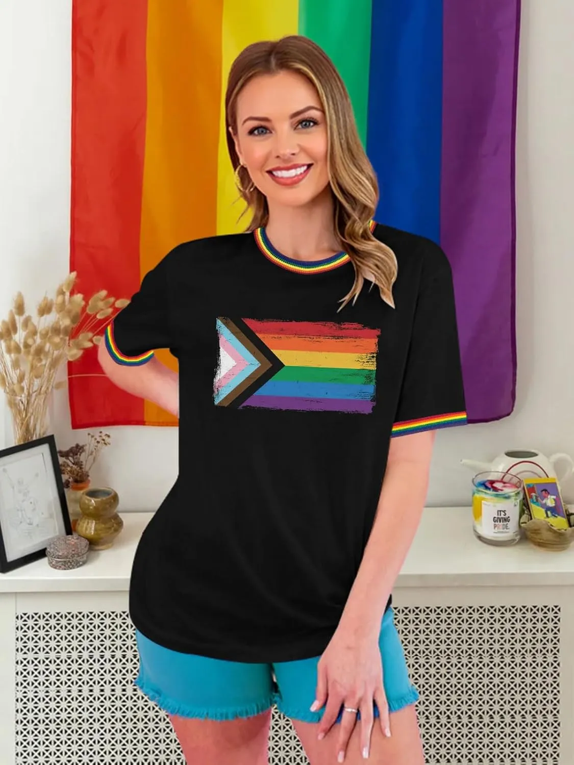 Pride Shirts for Women Pride Month Rainbow Graphic T-Shirt LGBTQ Support Red Ringer Tee