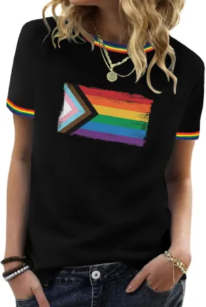 Pride Shirts for Women Pride Month Rainbow Graphic T-Shirt LGBTQ Support Red Ringer Tee