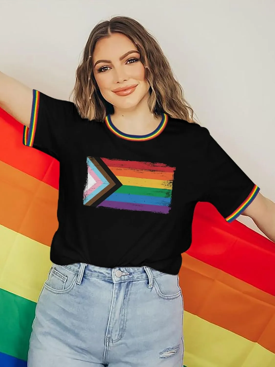 Pride Shirts for Women Pride Month Rainbow Graphic T-Shirt LGBTQ Support Red Ringer Tee