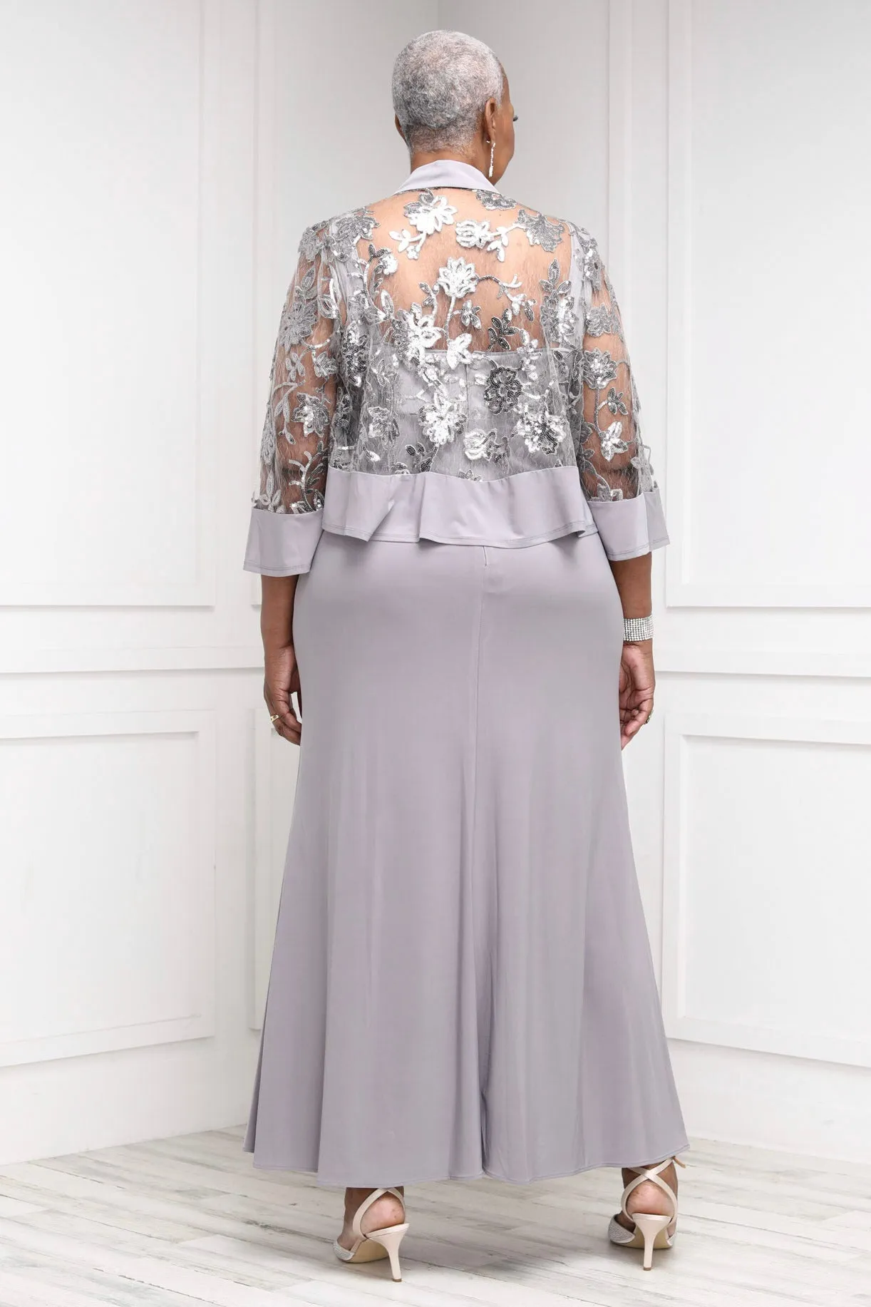 R&M Richards Plus Size Women 2 Piece Sequin Lace Jacket Long Dress