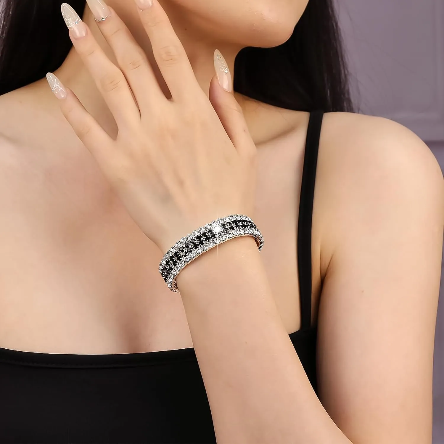 Rhinestone Stretch Bracelets for Women Sparkle Multicolor Crystal Stackable Bracelets Wide Wrist Band Glitter Wedding Bridal Prom Party Strand Tennis Bangles Jewelry