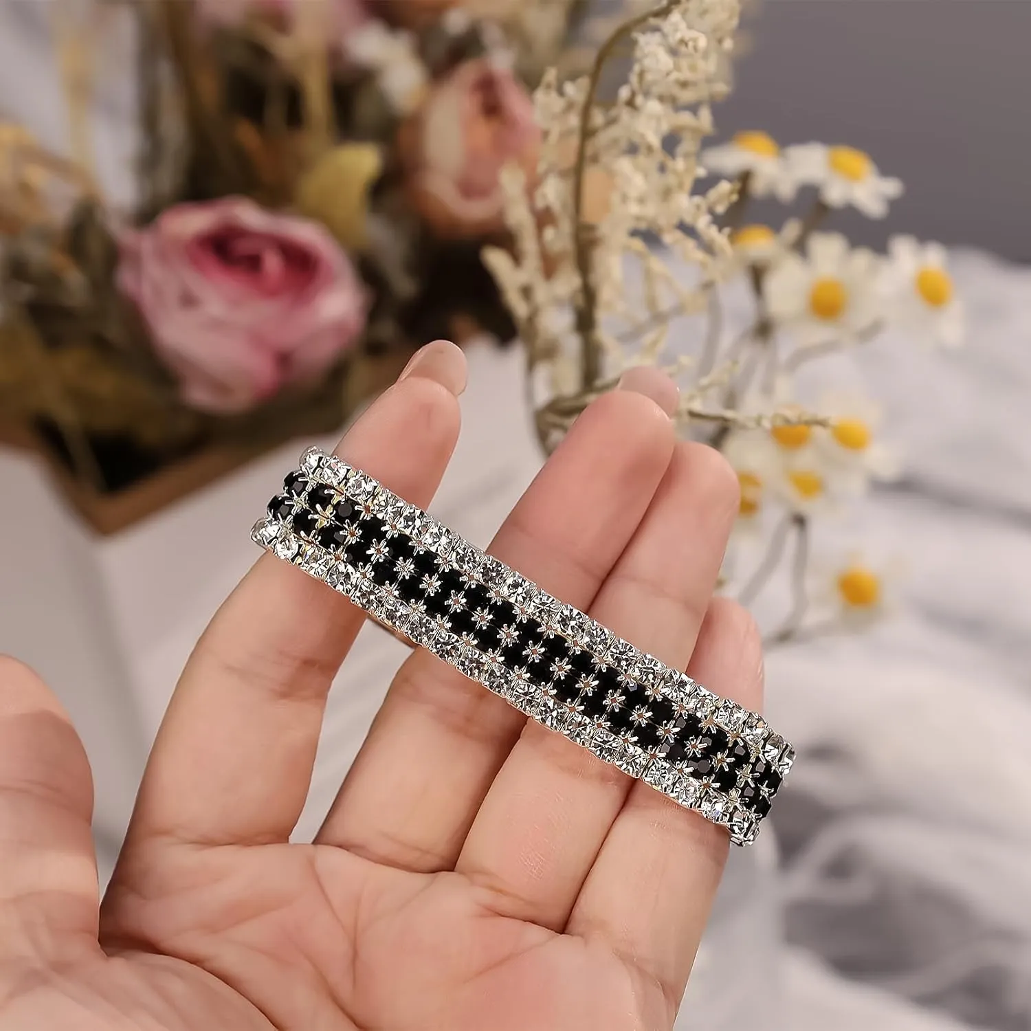 Rhinestone Stretch Bracelets for Women Sparkle Multicolor Crystal Stackable Bracelets Wide Wrist Band Glitter Wedding Bridal Prom Party Strand Tennis Bangles Jewelry