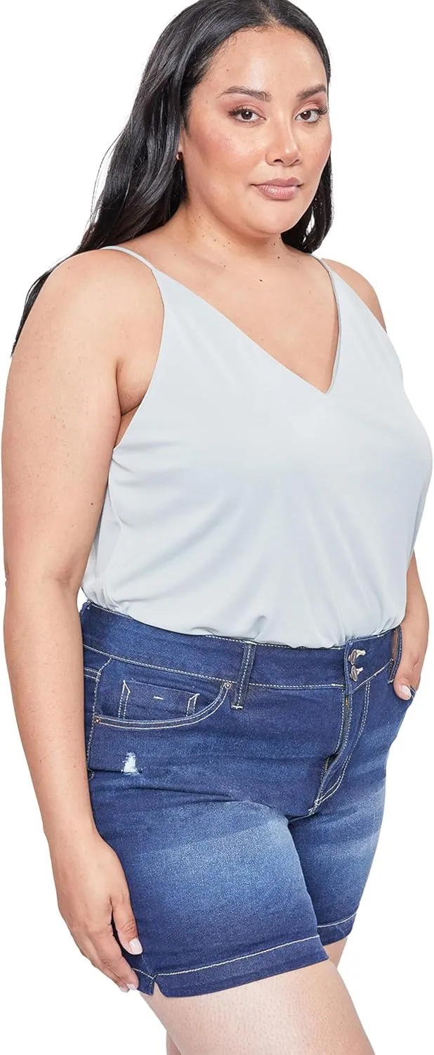 Royalty For Me Womens High Rise Plus Size Essential 2-Button Side Slit Hem Shorts, Midnight Sky Blue Rips, 22W