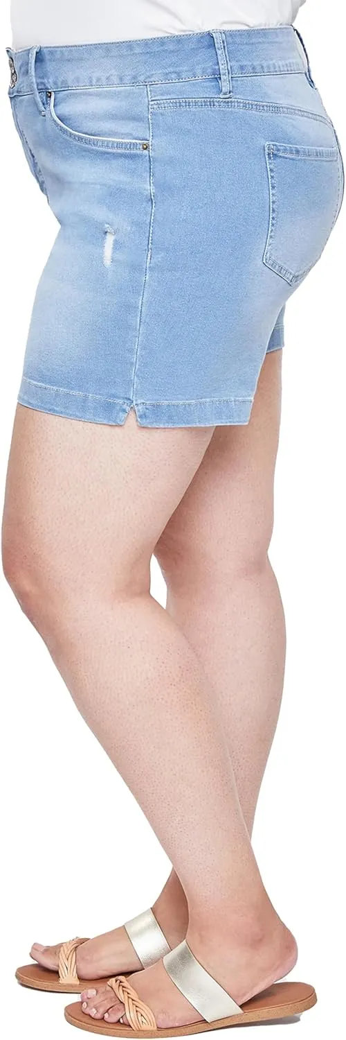 Royalty For Me Womens High Rise Plus Size Essential 2-Button Side Slit Hem Shorts, Midnight Sky Blue Rips, 22W