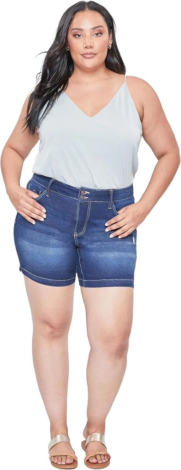 Royalty For Me Womens High Rise Plus Size Essential 2-Button Side Slit Hem Shorts, Midnight Sky Blue Rips, 22W