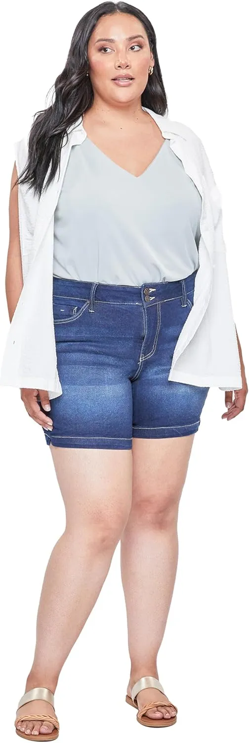 Royalty For Me Womens High Rise Plus Size Essential 2-Button Side Slit Hem Shorts, Midnight Sky Blue Rips, 22W