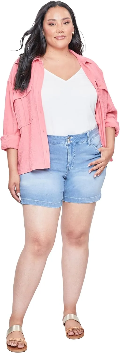 Royalty For Me Womens High Rise Plus Size Essential 2-Button Side Slit Hem Shorts, Midnight Sky Blue Rips, 22W