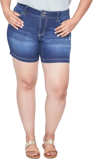 Royalty For Me Womens High Rise Plus Size Essential 2-Button Side Slit Hem Shorts, Midnight Sky Blue Rips, 22W