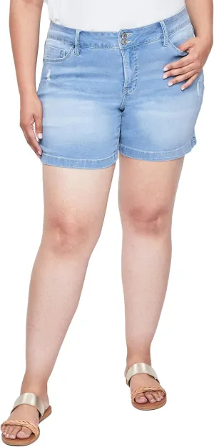 Royalty For Me Womens High Rise Plus Size Essential 2-Button Side Slit Hem Shorts, Midnight Sky Blue Rips, 22W