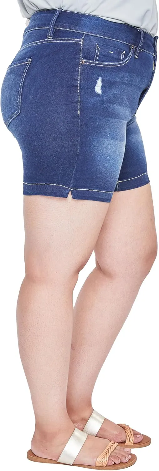 Royalty For Me Womens High Rise Plus Size Essential 2-Button Side Slit Hem Shorts, Midnight Sky Blue Rips, 22W