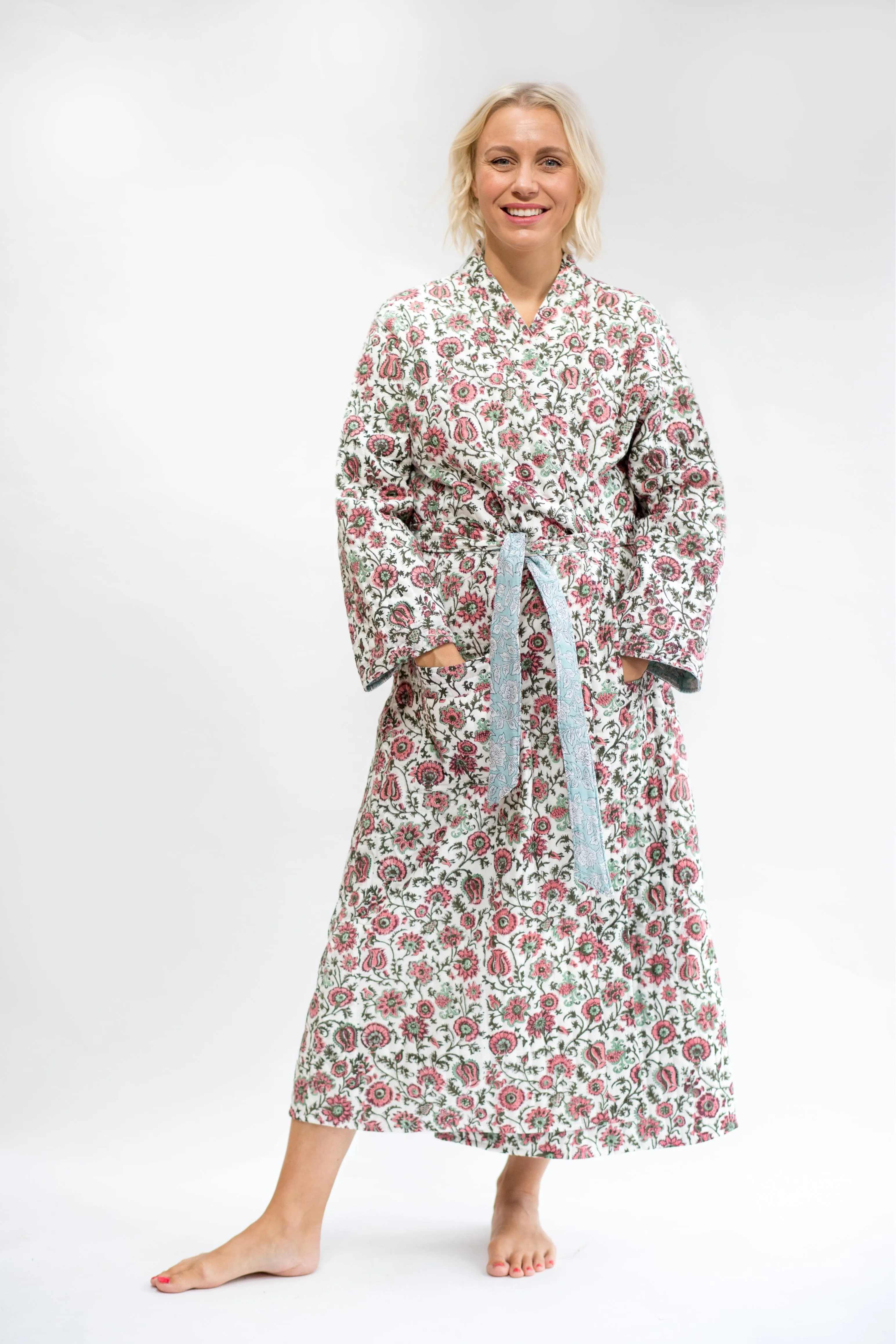 SALE Luxury Quilted Hand Block Print Robe - Dusky Pink & Khaki Print