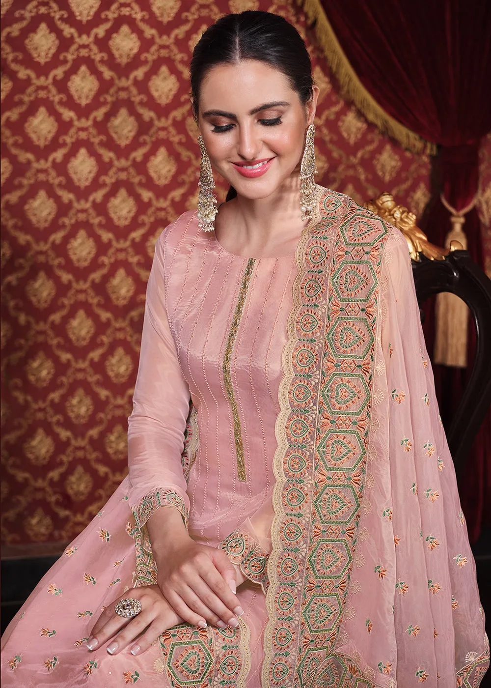 Soft Organza Silk Pink Embroidered Pant Style Suit
