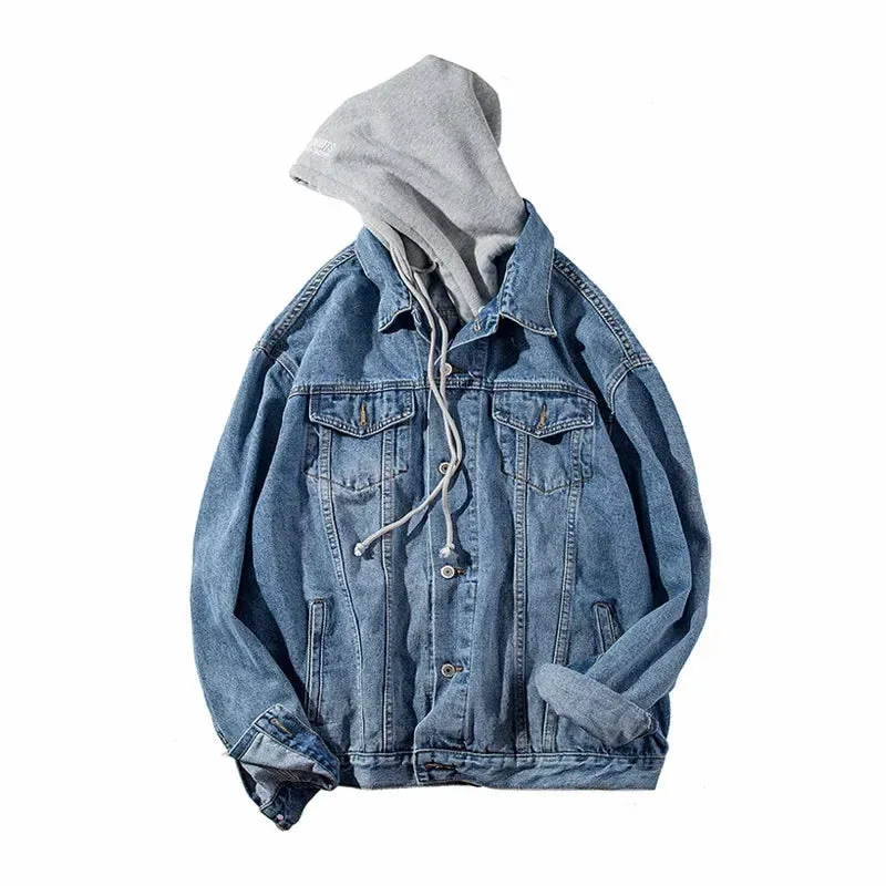 Trendy Loose-fit Denim Jacket For Men Versatile Hip Hop Style Student Hooded Jacket Casual Clothing Hong Kong Style