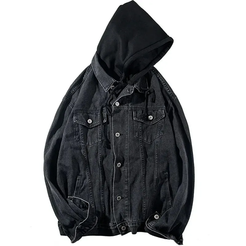 Trendy Loose-fit Denim Jacket For Men Versatile Hip Hop Style Student Hooded Jacket Casual Clothing Hong Kong Style