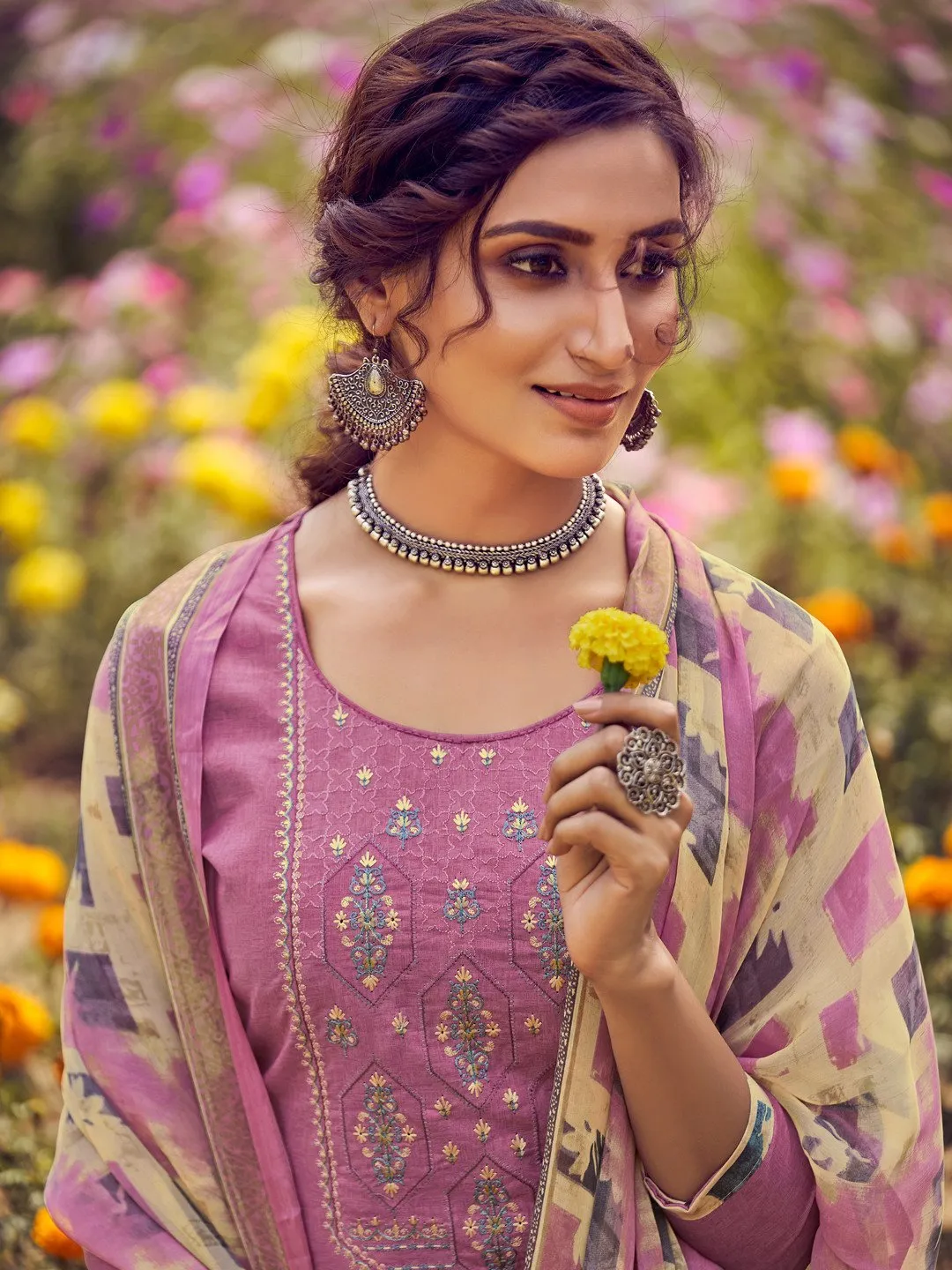Unstitched Cotton Embroidered Mauve Salwar Kameez Suit Set