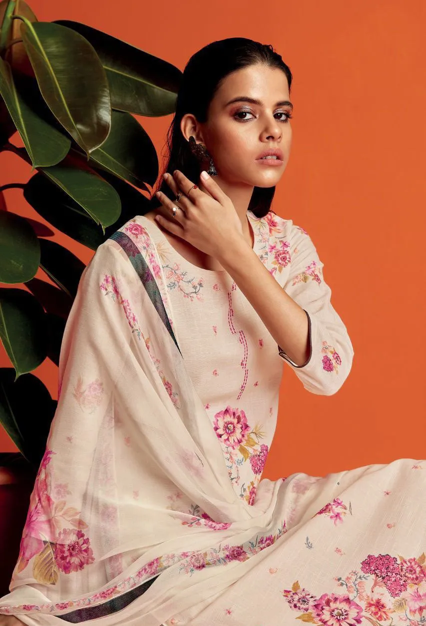 Unstitched Off-White Cotton Linen Printed Salwar Suits Material