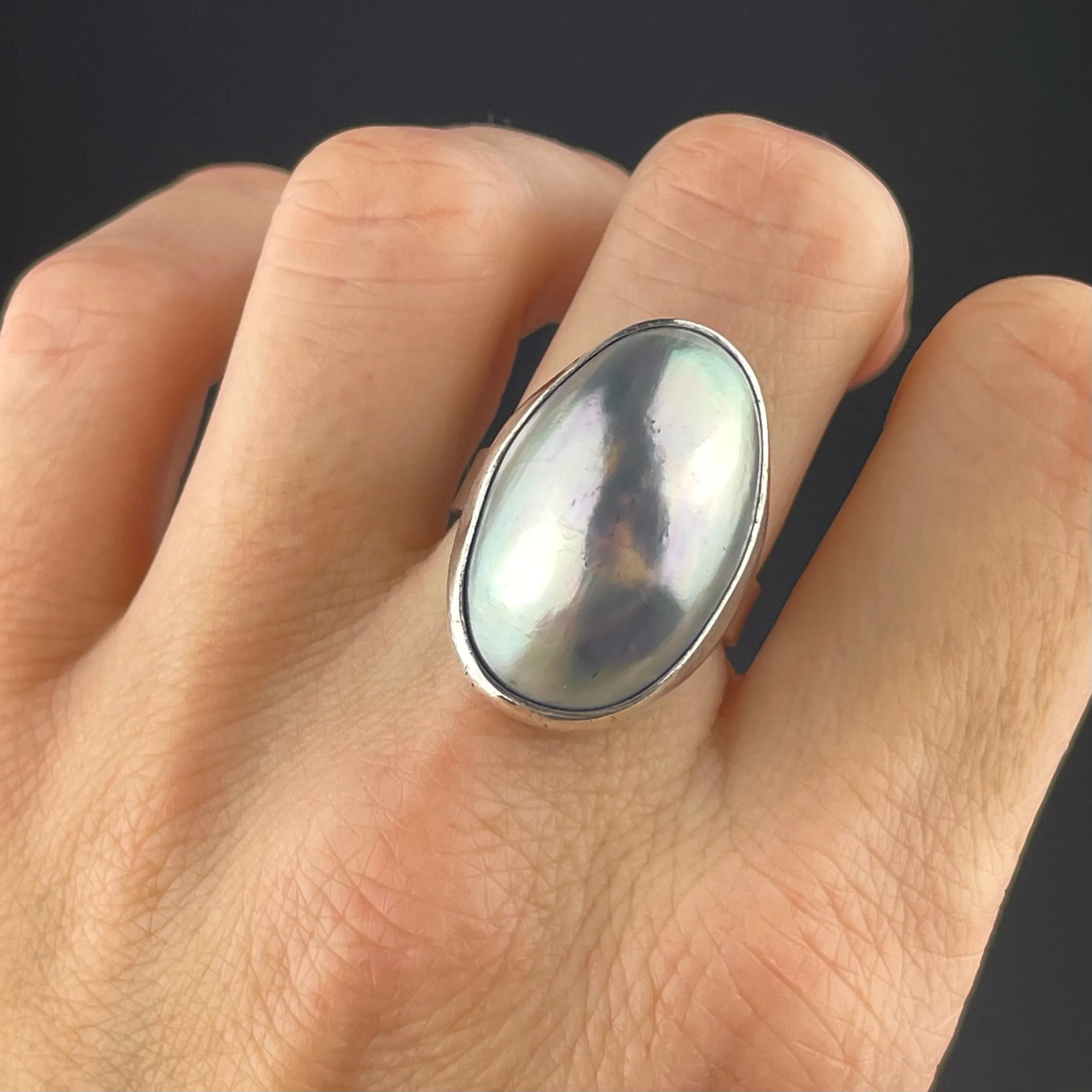 Vintage Silver Gray Pearl Statement Ring, Sz 7