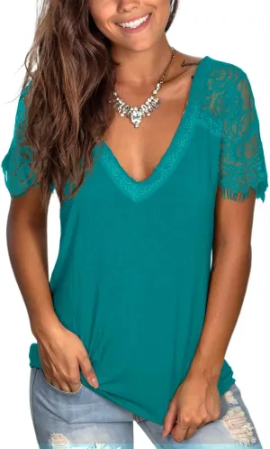 WMZCYXY Womens Lace Short Sleeve Tops V Neck Summer T Shirt Dressy Casual Blouses