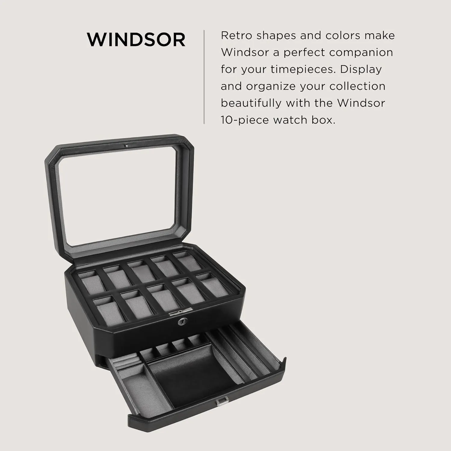 WOLF Windsor 10-Piece Watch Box with Drawer, Black - Features 10 Watch Compartments, Eight Ring Rolls & 17 Jewelry Compartments - Vegan Leather Exterior