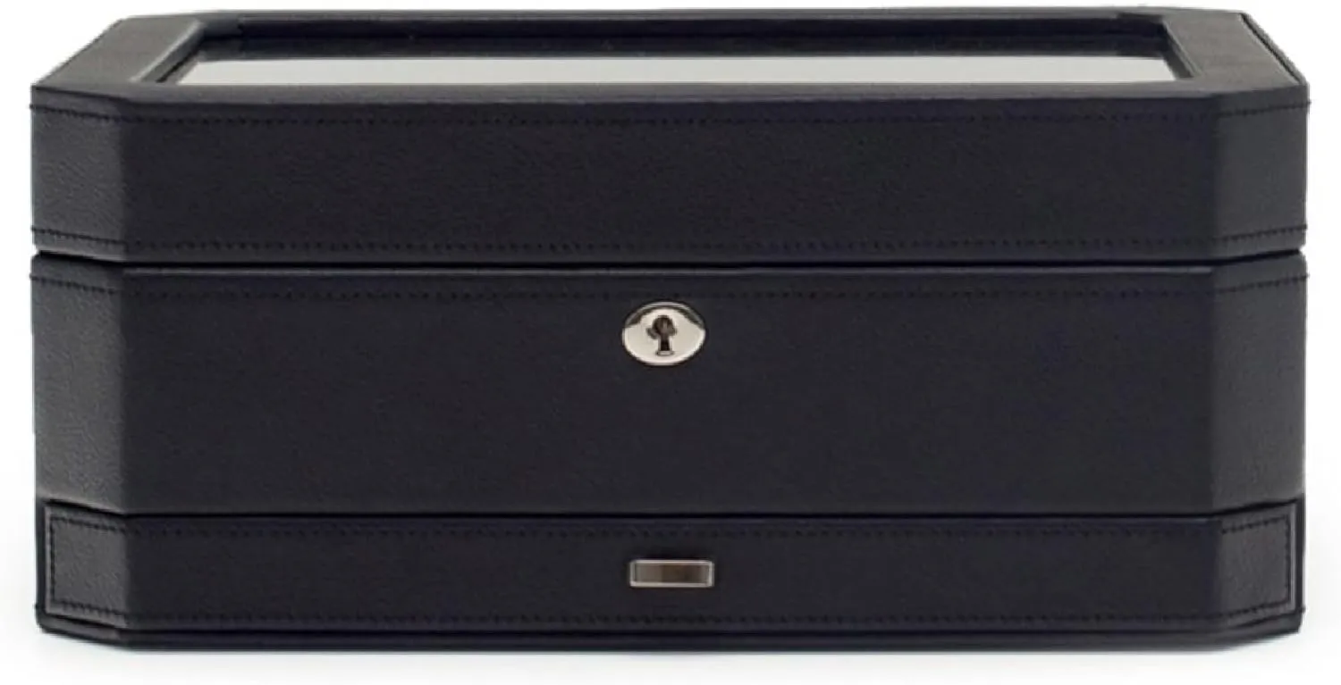 WOLF Windsor 10-Piece Watch Box with Drawer, Black - Features 10 Watch Compartments, Eight Ring Rolls & 17 Jewelry Compartments - Vegan Leather Exterior