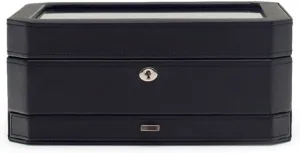 WOLF Windsor 10-Piece Watch Box with Drawer, Black - Features 10 Watch Compartments, Eight Ring Rolls & 17 Jewelry Compartments - Vegan Leather Exterior