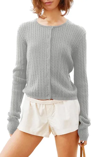 Women Y2k Cute Crewneck Cable Knit Lightweight Cropped Cardigan Tops Fall Open Front Button Pullover Sweaters