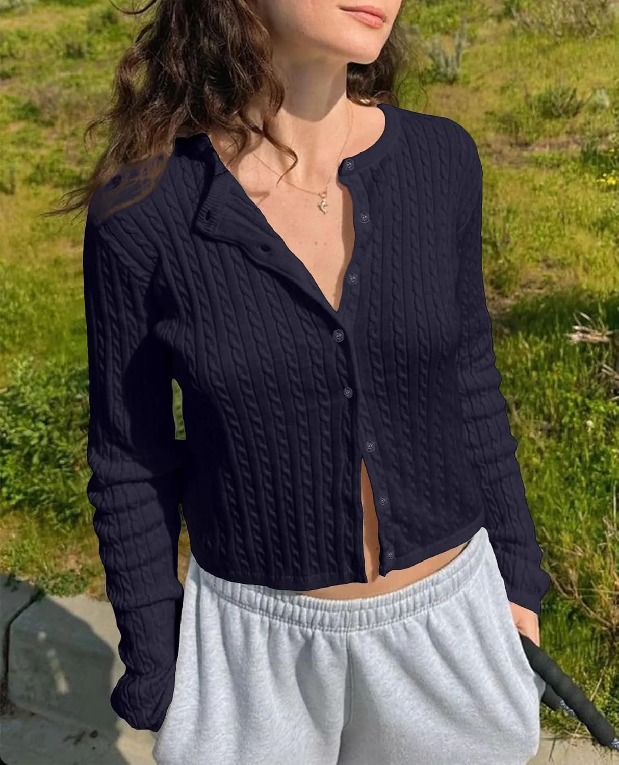 Women Y2k Cute Crewneck Cable Knit Lightweight Cropped Cardigan Tops Fall Open Front Button Pullover Sweaters