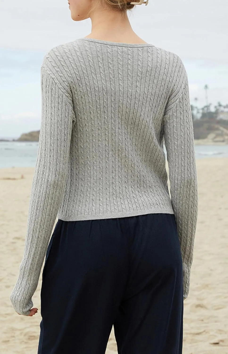 Women Y2k Cute Crewneck Cable Knit Lightweight Cropped Cardigan Tops Fall Open Front Button Pullover Sweaters