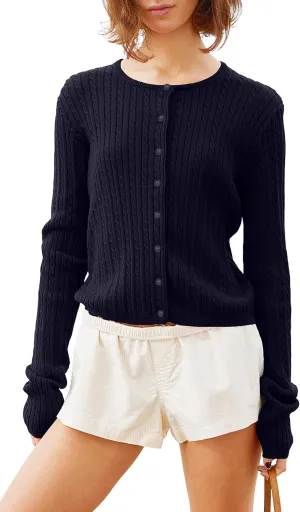 Women Y2k Cute Crewneck Cable Knit Lightweight Cropped Cardigan Tops Fall Open Front Button Pullover Sweaters