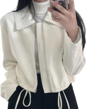 Womens White Genuine Sheepskin Shirt Collar Cropped Streetwear Casual Korean Fashion Loose Punk Moto Vintage Leather Jacket