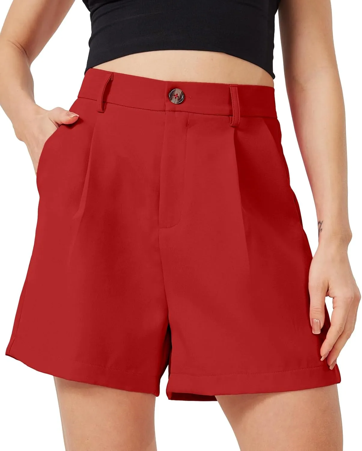XinYangNi Casual Shorts for Women Dressy Summer Elastic Waist Back Pleated Wide Leg Tailored Work Trouser Shorts with Pockets