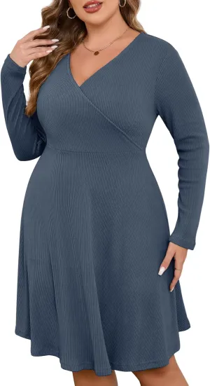 ZOMVA Plus Size Sweater Dress V Neck A-line Knee Length Dress Fall Winter Casual Ribbed Knit Long Sleeves