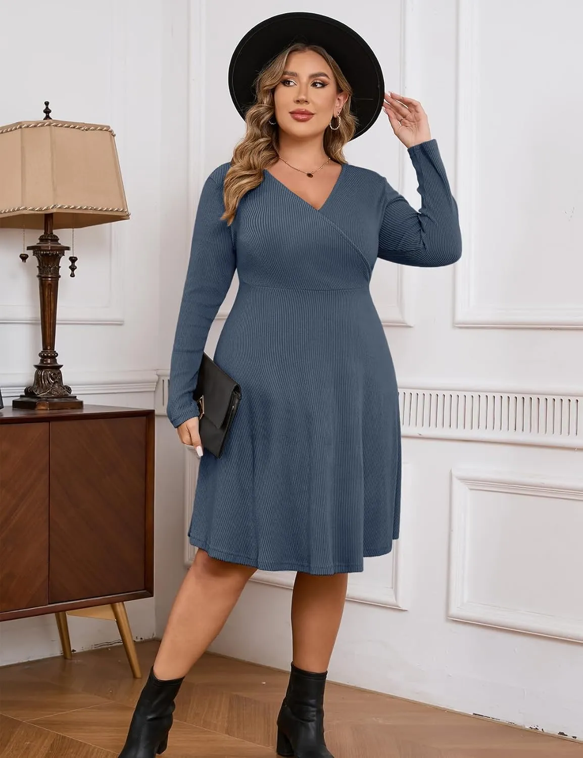 ZOMVA Plus Size Sweater Dress V Neck A-line Knee Length Dress Fall Winter Casual Ribbed Knit Long Sleeves