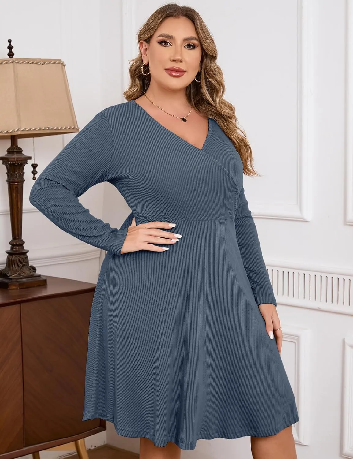 ZOMVA Plus Size Sweater Dress V Neck A-line Knee Length Dress Fall Winter Casual Ribbed Knit Long Sleeves